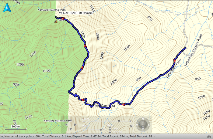 Mt Domain GPS track log overlay on Oz Topo